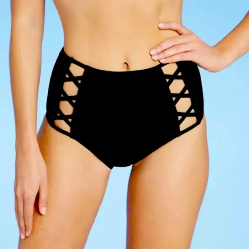 NWT Shade & Shore Womens High Waist Caged Bikini Swimsuit Bottoms Size XL Black